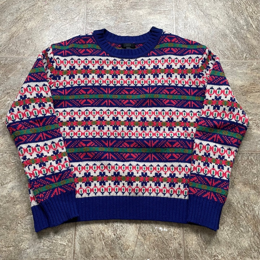 J.Crew Fair Isle Crewneck Sweater Blue Multi Geometric Knit Mens Medium